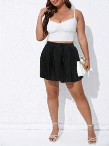 Calvaya Shorts de pierna ancha unicolor con nudo delantero - Negro - Ver 1