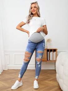 SHEIN Quần jean bà bầu Túi Hem thô Bị tách Khối Màu - Nhiều màu - Xem 1