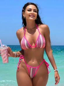 Chevron Halter Triangle Tie Side Bikini Set For Summer Beach - Multicolor - View 1