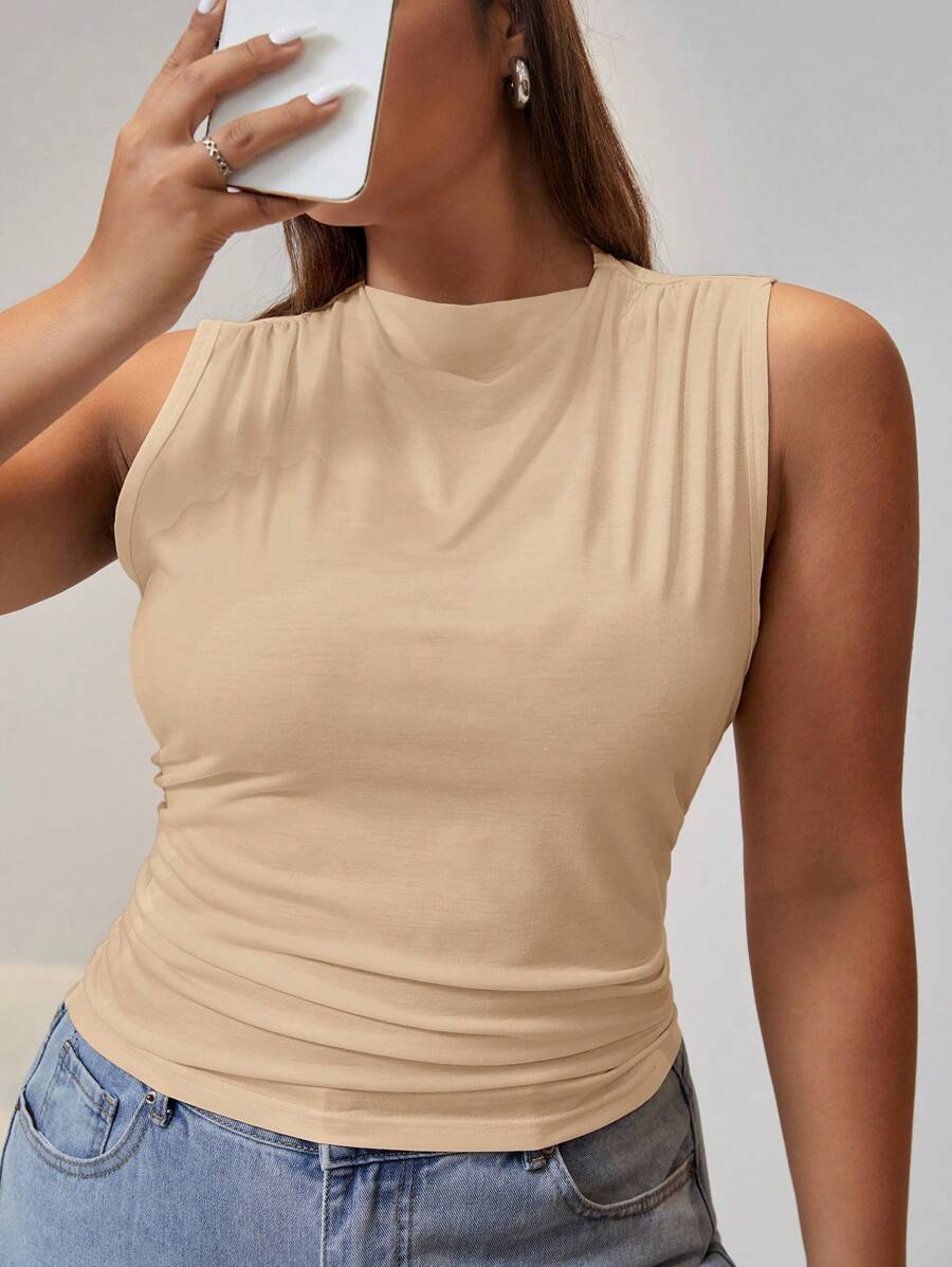 SHEIN EZwear 大碼素色褶邊背心上衣 - 杏色 - 查看 1