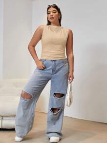 SHEIN EZwear 大碼素色褶邊背心上衣 - 杏色 - 查看 3