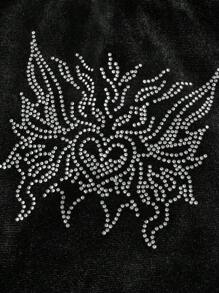 SHEIN ICON 黑色絨面心形印花束腰喇叭褲 - 黑色 - 查看 4