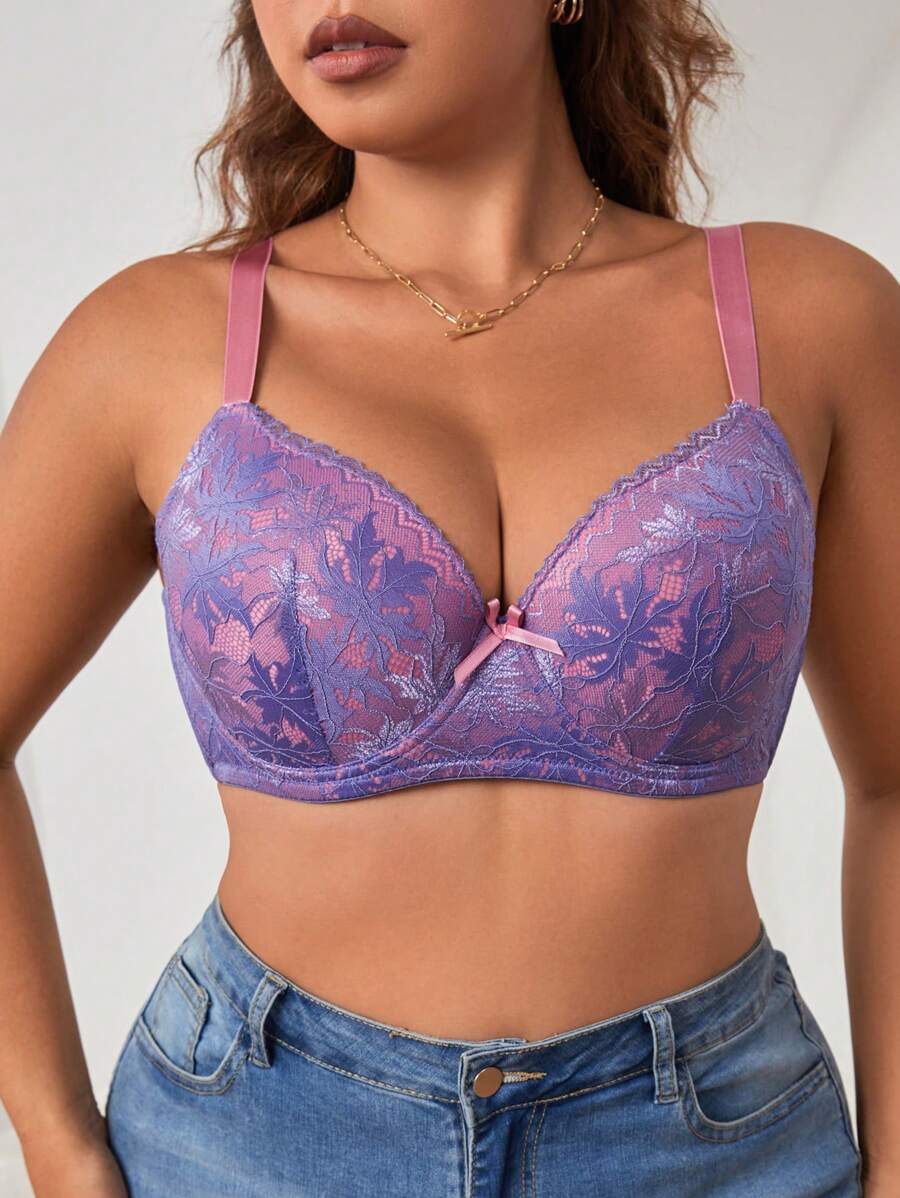 Plus Floral Lace Underwire Bra - Purple - View 1