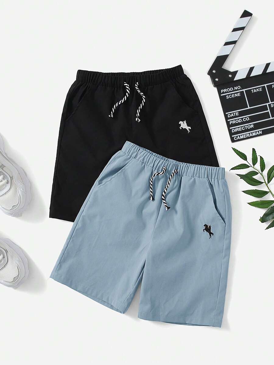 SHEIN 2pcs Tween Boy Woven Knight Embroidery Pocket Drawstring Waist Shorts (1 Of Each Color) - Dusty Blue - View 1