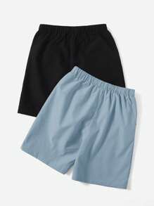 SHEIN 2pcs Tween Boy Woven Knight Embroidery Pocket Drawstring Waist Shorts (1 Of Each Color) - Dusty Blue - View 2