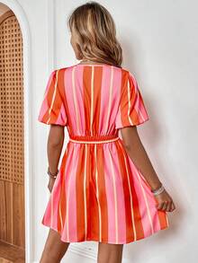 SHEIN Privé Striped Print Puff Sleeve Dress - Pink - View 2