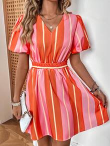 SHEIN Privé Striped Print Puff Sleeve Dress - Pink - View 4