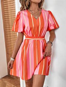 SHEIN Privé Striped Print Puff Sleeve Dress - Pink - View 5