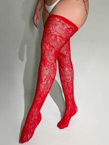 Calcetines de malla con encaje floral - Rojo - Ver 3