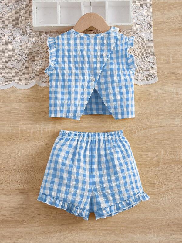 SHEIN 女婴夏季可爱度假格子纽扣设计短袖上衣和短裤套装
