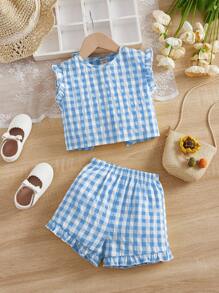 SHEIN 女婴夏季可爱度假格子纽扣设计短袖上衣和短裤套装 - 藍色 - 查看 2
