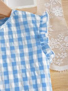 SHEIN 女婴夏季可爱度假格子纽扣设计短袖上衣和短裤套装 - 藍色 - 查看 4