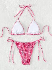 Swim Mod Summer Beach Floral Print Smocked Halter Triangle Bikini Set