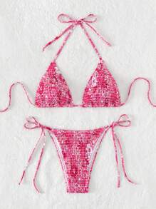 Swim Mod Summer Beach Floral Print Smocked Halter Triangle Bikini Set