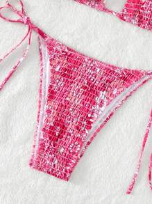 Swim Mod Summer Beach Floral Print Smocked Halter Triangle Bikini Set