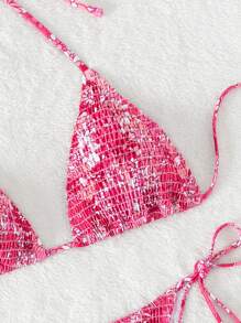 Swim Mod Summer Beach Floral Print Smocked Halter Triangle Bikini Set