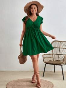 SHEIN VCAY Plus Tie Front Ruffle Trim Dress - Dark Green - View 4