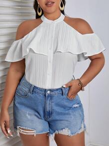 SHEIN VCAY 大碼挖肩荷葉邊前紐扣襯衫 - 白色 - 查看 3