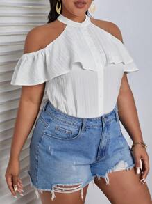 SHEIN VCAY 大碼挖肩荷葉邊前紐扣襯衫 - 白色 - 查看 1