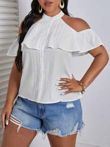 SHEIN VCAY 大碼挖肩荷葉邊前紐扣襯衫 - 白色 - 查看 4