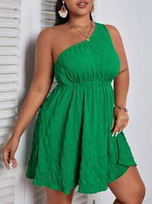 SHEIN VCAY 加大单肩纯色纹理连衣裙 - 綠色 - 查看 3