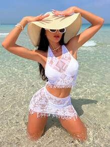 SHEIN X Hangout Fest SHEIN Swim Vcay 鏤空掛脖罩衫套裝不附比基尼 - 白色 - 查看 4