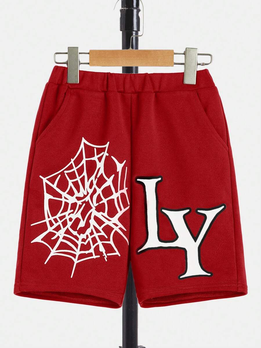 SHEIN Boys Letter Graphic Track Shorts - Red - View 1