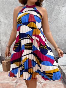 Breezaya Plus Geo Print Pleated Hem Halter Dress - Multicolor - View 1