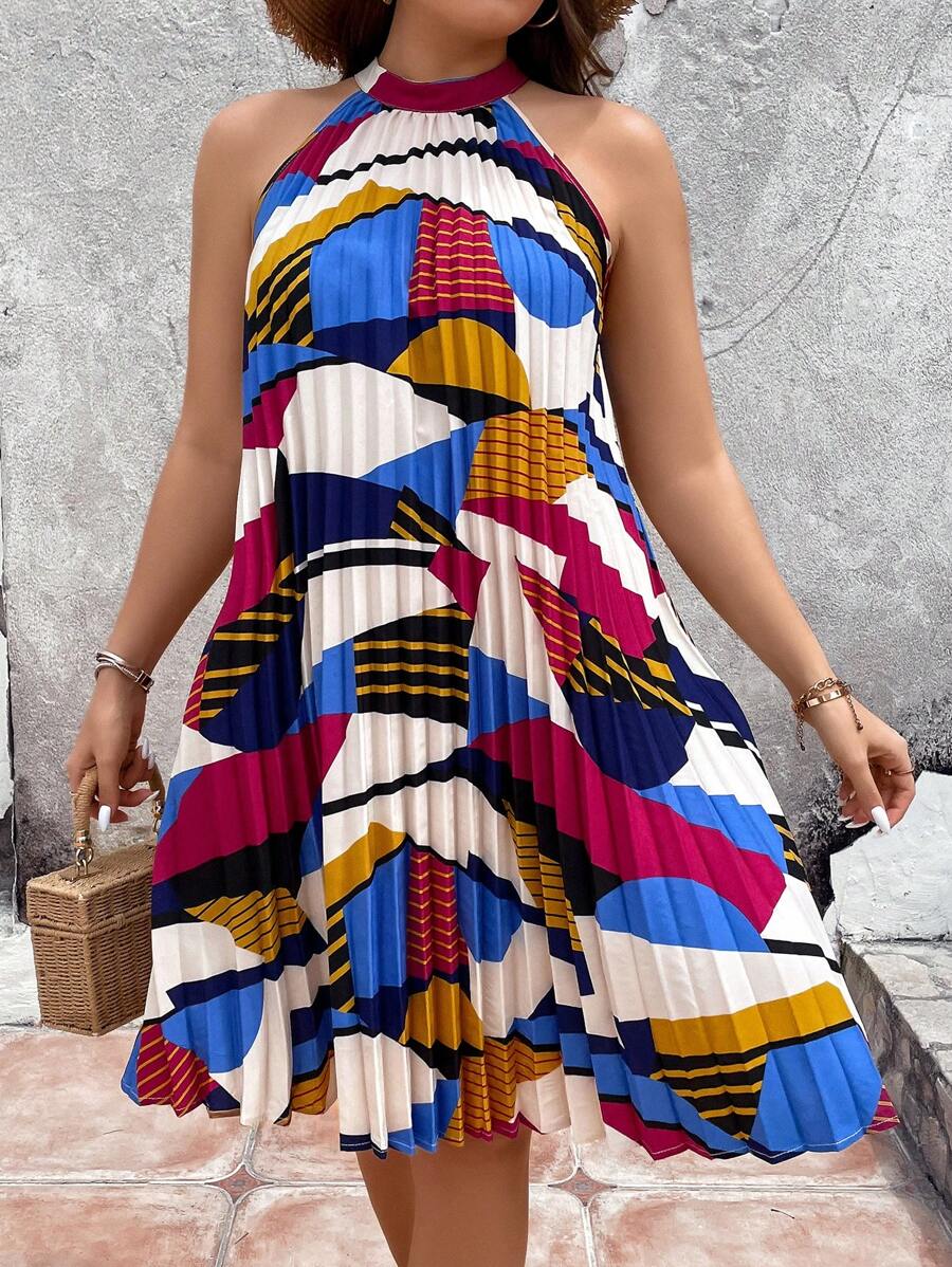 Breezaya Plus Geo Print Pleated Hem Halter Dress - Multicolor - View 1