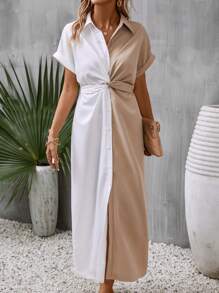 SHEIN Clasi 雙色前扭結蝙蝠袖襯衫洋裝 - 彩色 - 查看 1