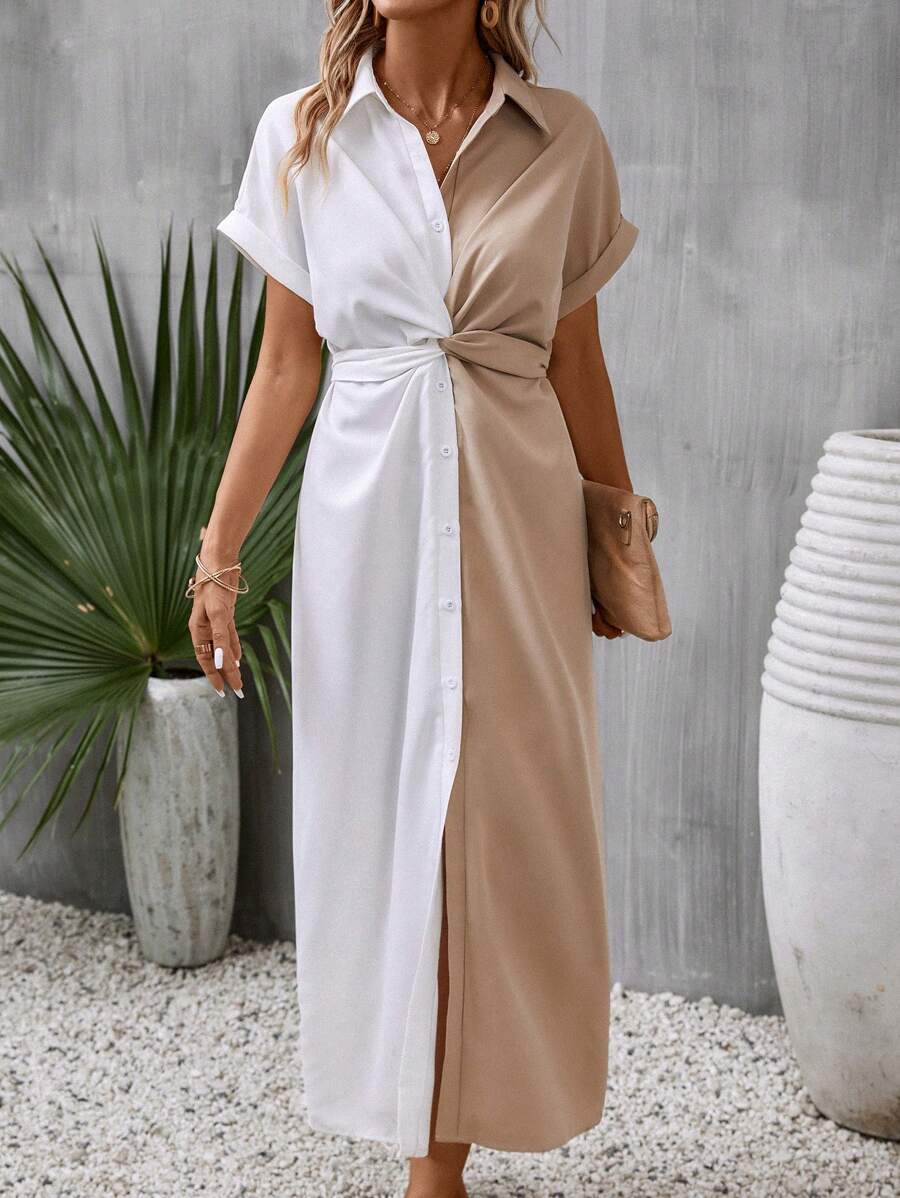 SHEIN Clasi 雙色前扭結蝙蝠袖襯衫洋裝 - 彩色 - 查看 1