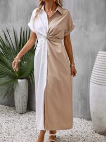 SHEIN Clasi 雙色前扭結蝙蝠袖襯衫洋裝 - 彩色 - 查看 5