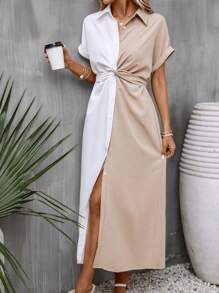 SHEIN Clasi 雙色前扭結蝙蝠袖襯衫洋裝 - 彩色 - 查看 6