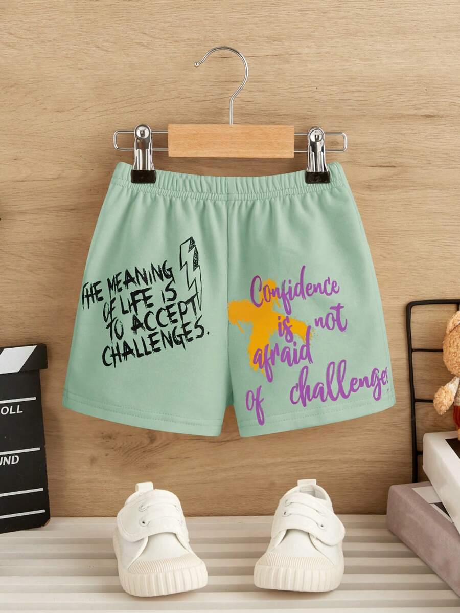 SHEIN Đứa bé trai Đồ họa Sét & khẩu hiệu Quần short - Màu xanh Bạc hà - Xem 1