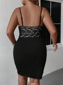 SHEIN Unity Kontrast Spets Skära Ut Enkel Sexig Plus Size Klänning - Svart - Visa 2