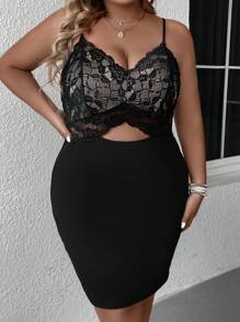 SHEIN Unity Kontrast Spets Skära Ut Enkel Sexig Plus Size Klänning - Svart - Visa 3