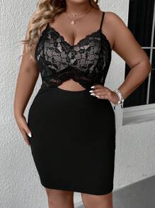 SHEIN Unity Kontrast Spets Skära Ut Enkel Sexig Plus Size Klänning - Svart - Visa 4