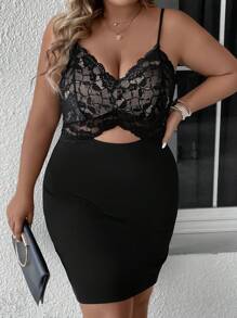 SHEIN Unity Kontrast Spets Skära Ut Enkel Sexig Plus Size Klänning - Svart - Visa 7