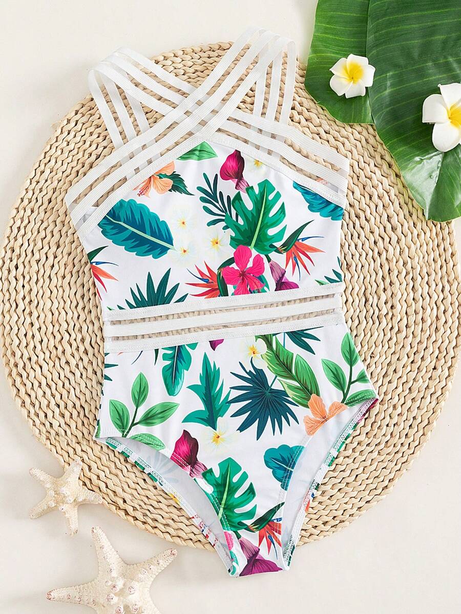 SHEIN Cô gái Tween Bản in nhiệt đới Thánh giá Đồ bơi một mảnh - Nhiều màu - Xem 1