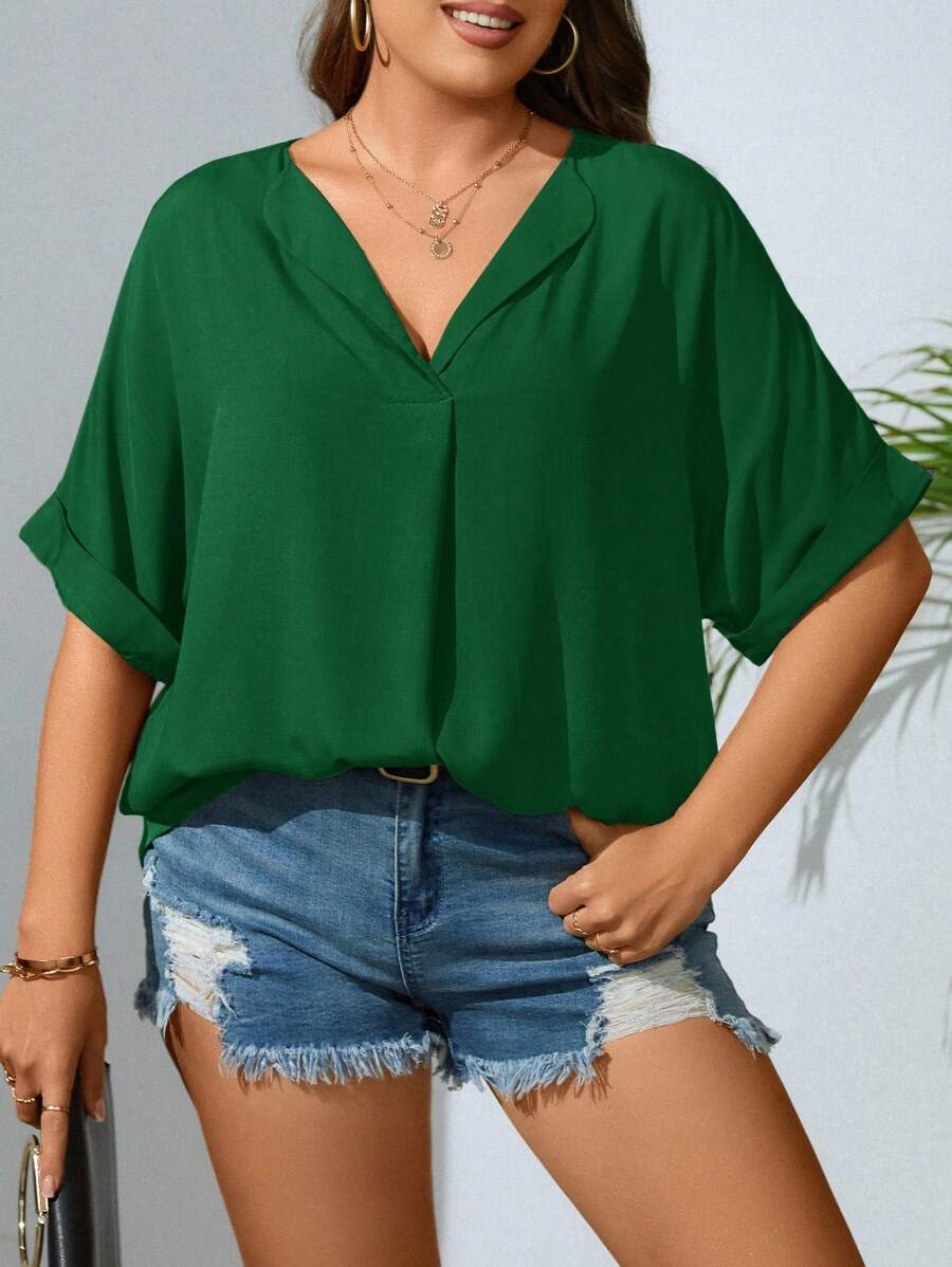 SHEIN LUNE Plus Notched Neck Batwing Sleeve Blouse - Dark Green - View 1
