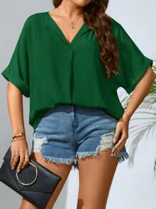 SHEIN LUNE Plus Notched Neck Batwing Sleeve Blouse - Dark Green - View 3