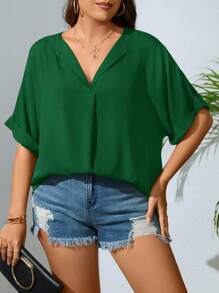 SHEIN LUNE Plus Notched Neck Batwing Sleeve Blouse - Dark Green - View 5