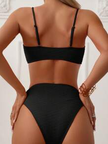 SHEIN Swim Summer Beach Solid High Waisted Bikini Set - Black - View 2