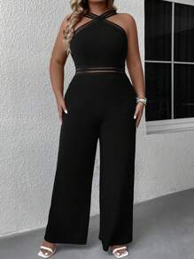 SHEIN Clasi 大碼網紗拼接闊腿吊帶連體褲 - 黑色 - 查看 6