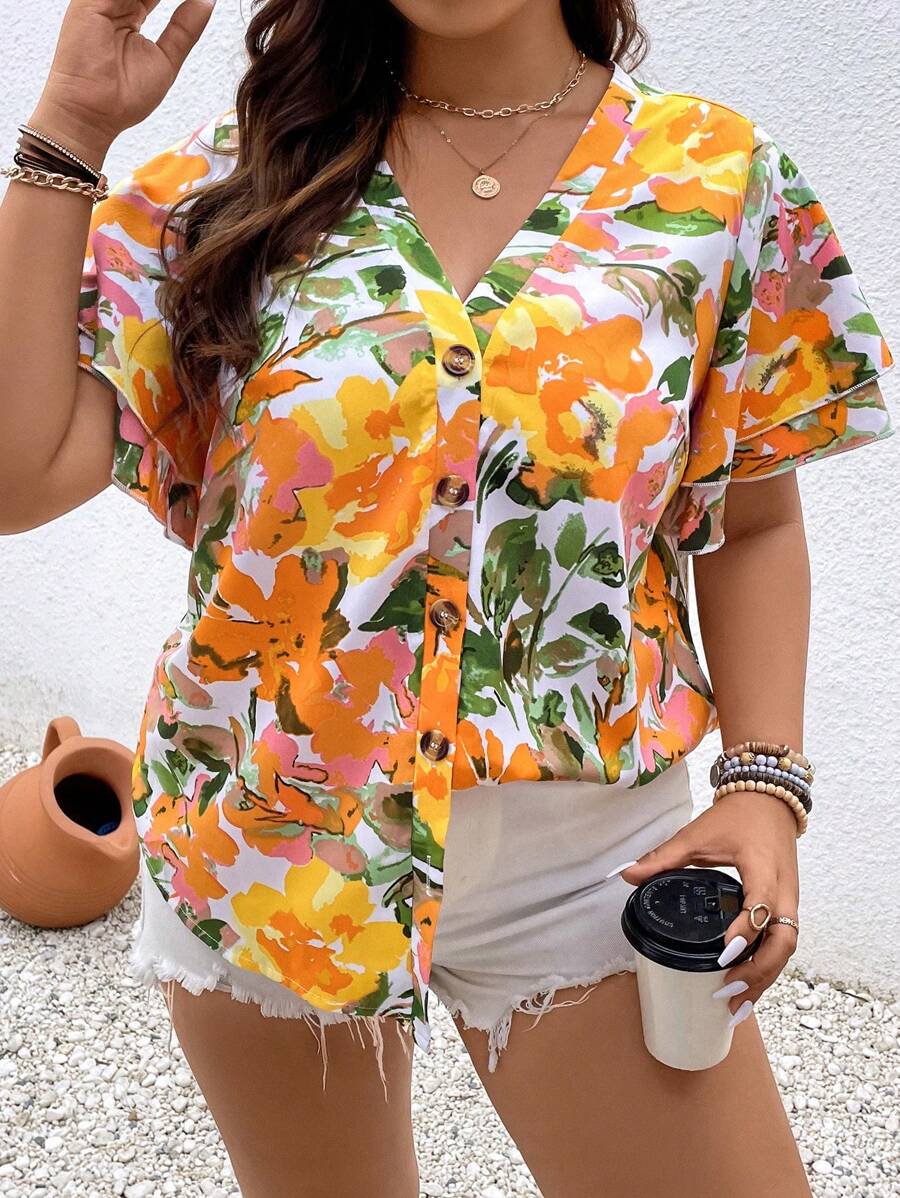 SHEIN Holidaya 大碼印花蝴蝶袖襯衫 - 白色 - 查看 1