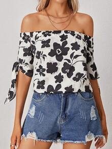 Alice Elizabeth Floral Print Off Shoulder Knot Cuff Blouse - Black and White - View 4