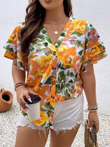 SHEIN Holidaya 大碼印花蝴蝶袖襯衫 - 白色 - 查看 5