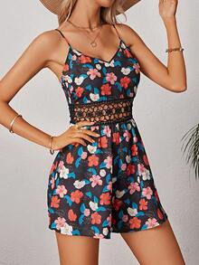 Whitebread Allover Floral Print Guipure Lace Insert Cami Romper - Multicolor - View 3