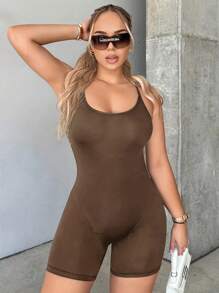 SHEIN SXY Đơn vị Nữ Lộ Lưng Hội Chữ thập màu trơn - màu nâu - Xem 1