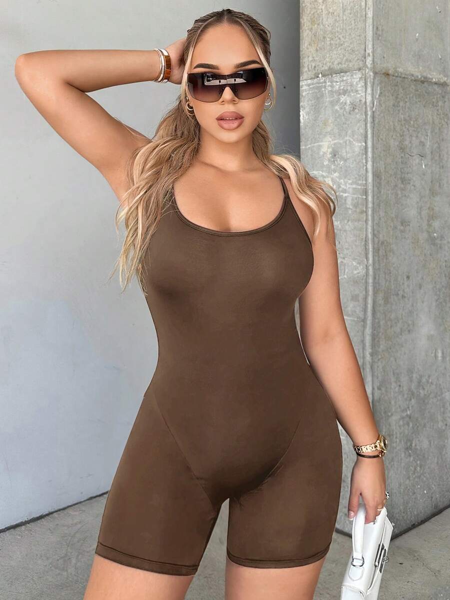 SHEIN SXY Đơn vị Nữ Lộ Lưng Hội Chữ thập màu trơn - màu nâu - Xem 1